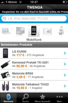 Auf der Startseite des Twenga-iPhone-Tools findet man stets beliebte Produkte Auf der Startseite des Twenga-iPhone-Tools findet man stets beliebte Produkte