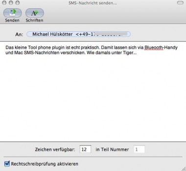 Mit Phone plugins können wieder unter Leopard SMS via Mac verschickt werden
