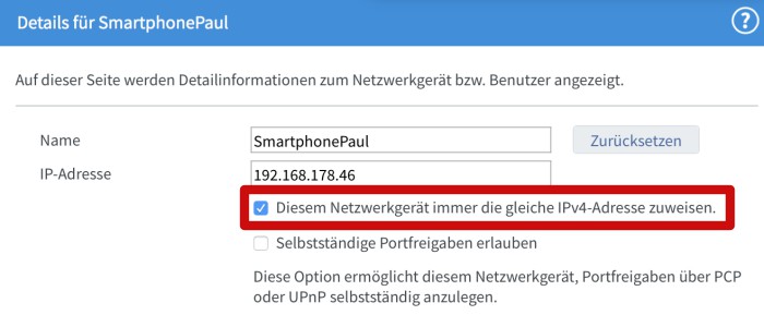 Fritzbox 7430 - Immer dieselbe IP-Adresse zuweisen