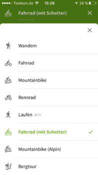 Komoot - richtige Option auswählen