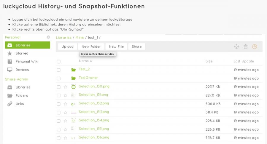 luckycloud History- und Snapshot-Funktionen