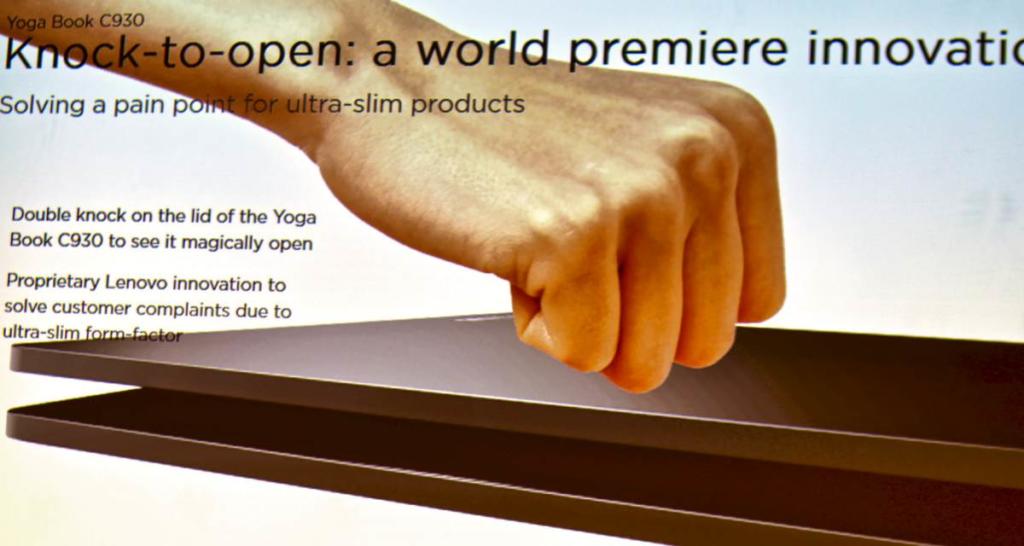 Funny idea: Zweimal kurz auf das Lenovo Yoga Book C930 geklopft, und schon öffnet sich der Deckel wie von selbst