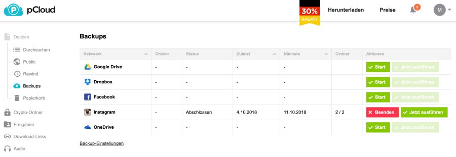 Mit pCloud lassen sich automatisiert Backups der Onlinedaten generieren