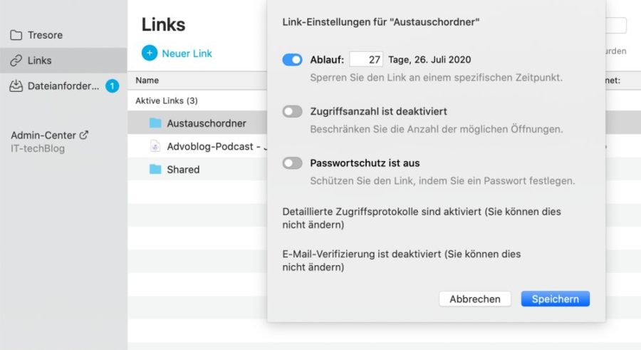 Einzelne Links oder Ordner in Tresorit konfigurieren