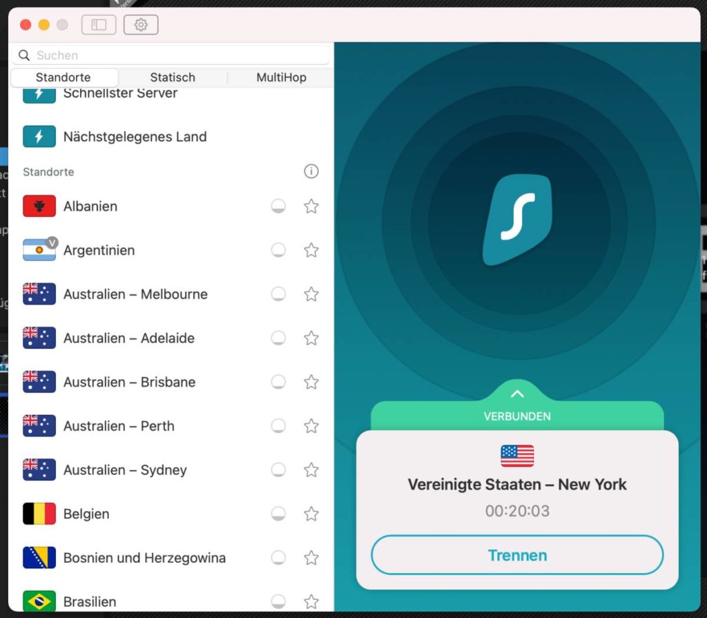 Surfshark - US-VPN-Server auswählen und aktivieren