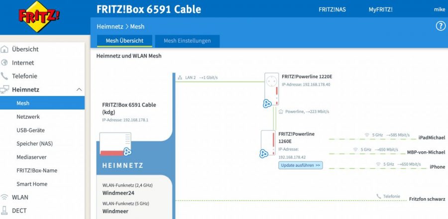 Mesh-Netzwerk, bestehend aus Fritzbox und Fritz.Powerline-Set 1260E