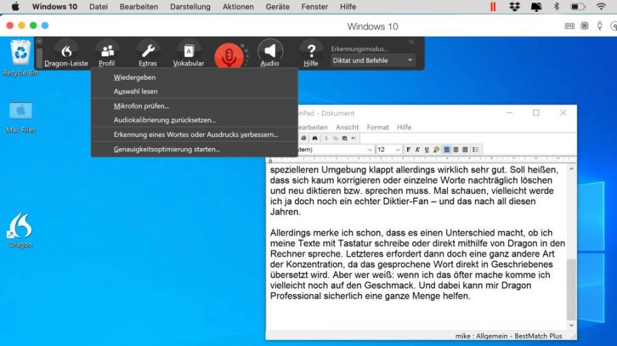 Die Textwiedergabe mit Dragon Professional Individual ist noch verbesserungswürdig