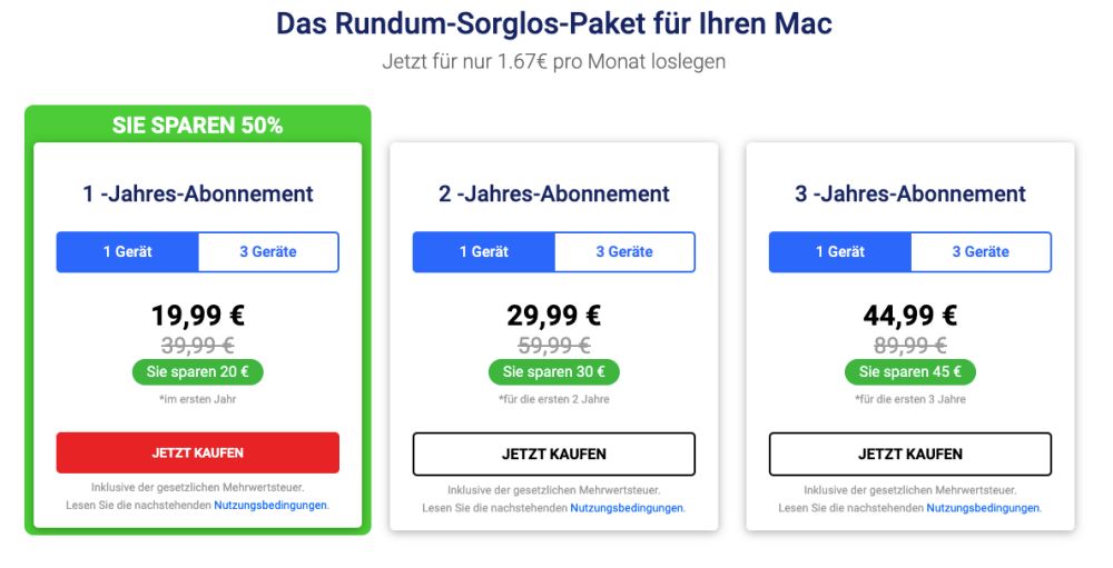 Bitdefender Antivirus für Mac kostet derzeit zwischen 20 Euro für eine Jahr:1 Gerät und 65 Euro für 3 Mac.