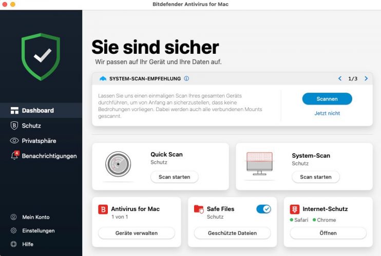 Das Dashboard von Antivirus für Mac bietet den Zugriff auf sämtliche Funktionen