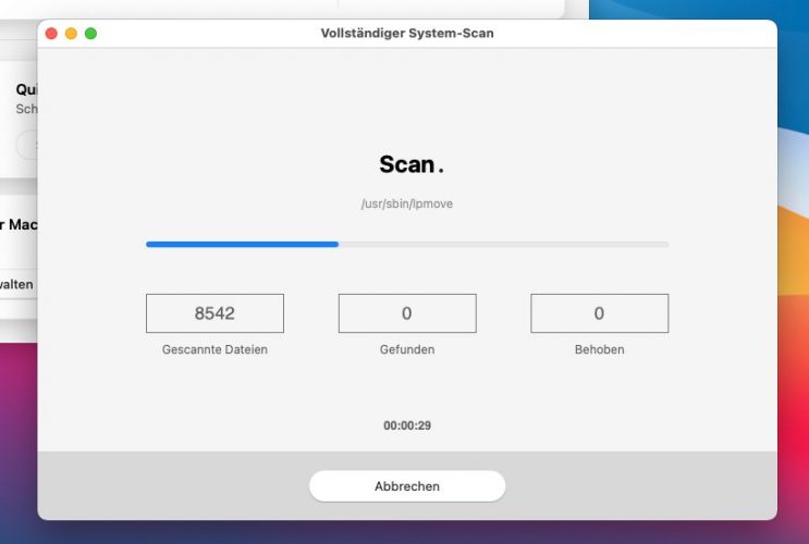 Der vollständige System-Scan mit Antivirus für Mac dauert eine ganze Weile. Hinterher ist man allerdings zunächst einmal safe.
