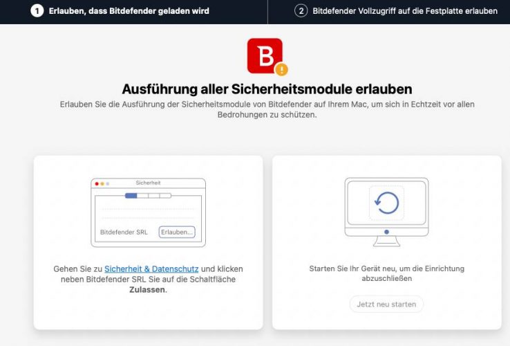 Für die finale Installation ist der vollständige Zugriff auf die Festplatte erforderlich